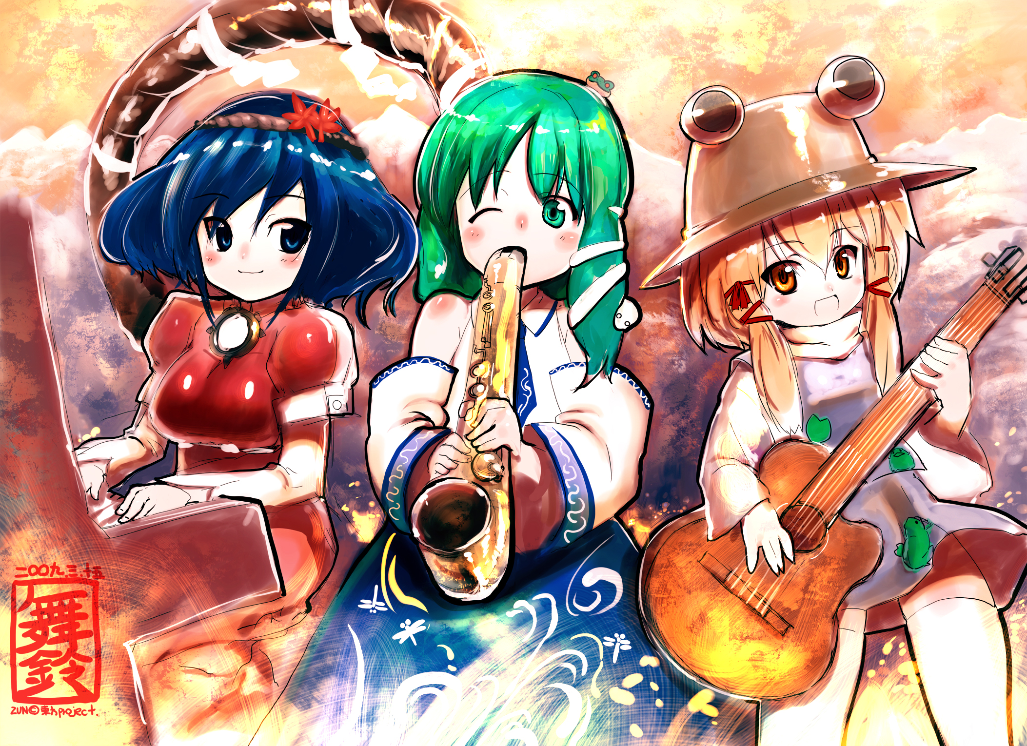 rondo bell, kochiya sanae, moriya suwako, yasaka kanako, touhou, bad id, bad pixiv id, highres, 3girls, ||/, acoustic guitar, blonde hair, blue eyes, copyright notice, detached sleeves, female focus, fretless guitar, fretless instrument, frog, green eyes, green hair, guitar, hat, instrument, japanese clothes, miko, mirror, multiple girls, piano, rope, saxophone, short hair, snake, upright piano, yellow eyes