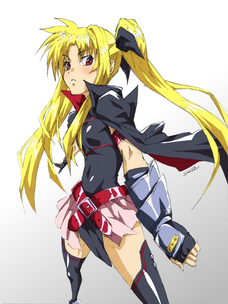 himemura saki, saki (artist), fate testarossa, lyrical nanoha, mahou shoujo lyrical nanoha, mahou shoujo lyrical nanoha a's, highres, 00s, blonde hair, fingerless gloves, frown, gloves, long hair, red eyes, ribbon, sketch, thighhighs, twintails, very long hair