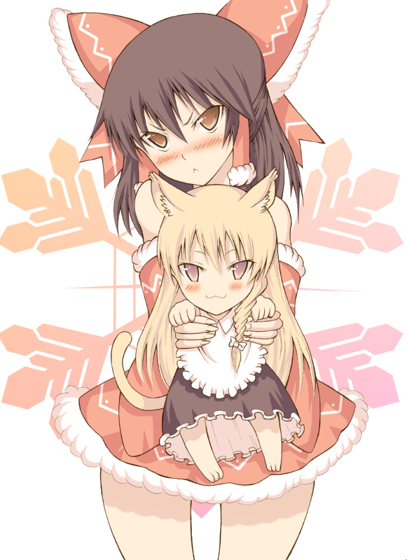 daive, hakurei reimu, kirisame marisa, touhou, duplicate, 2girls, :<, :3, animal ears, barefoot, blonde hair, blush, bow, brown hair, cat, cat ears, cat tail, chibi, detached sleeves, female focus, hair bow, japanese clothes, kemonomimi mode, miko, multiple girls, tail, white background