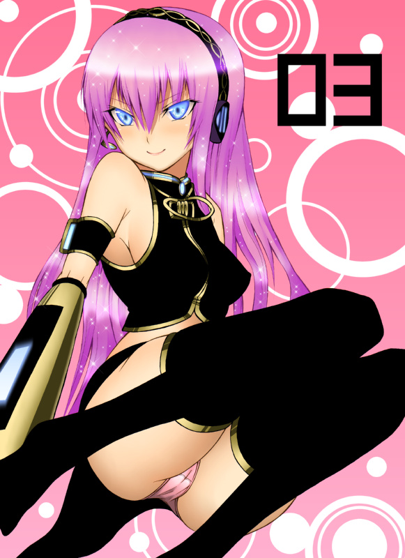 daive, megurine luka, vocaloid, 1girl, blue eyes, covered erect nipples, female focus, long hair, panties, pink hair, solo, thighhighs, thighs, underwear, very long hair