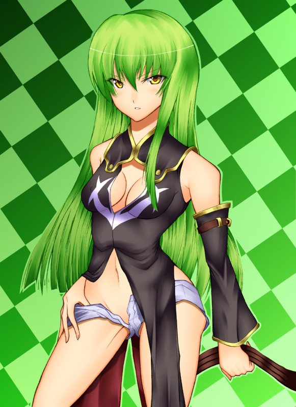 daive, c.c., code geass, 00s, 1girl, breasts, cleavage, detached sleeves, female focus, green hair, medium breasts, solo, unzipped