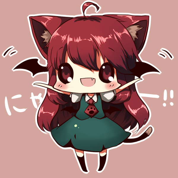 neota, koakuma, embodiment of scarlet devil, touhou, bad id, bad pixiv id, 1girl, ahoge, animal ears, bat wings, cat ears, cat girl, cat tail, chibi, fang, female focus, full body, head wings, long hair, red eyes, red hair, solo, standing, tail, wide face, wings
