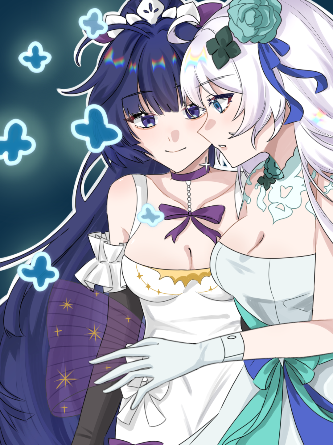 guahua zhima tuan, kiana kaslana, raiden mei, honkai (series), honkai impact 3rd, chinese commentary, commentary request, highres, 2girls, ahoge, blue eyes, breasts, choker, cleavage, dress, flower, gloves, green background, hair flower, hair ornament, large breasts, long hair, multiple girls, purple choker, purple eyes, purple hair, smile, very long hair, white dress, white gloves, white hair