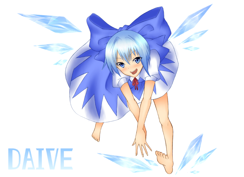 daive, cirno, embodiment of scarlet devil, touhou, 1girl, barefoot, dress, feet, female focus, full body, solo, white background