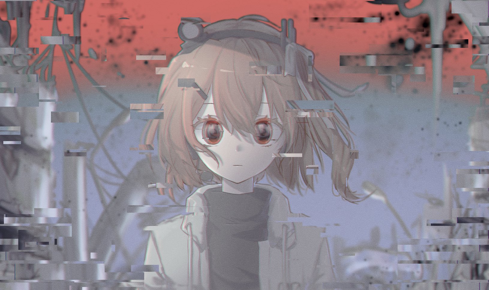 l mipa, adachi rei, a.i. voice, utau, highres, 1girl, black shirt, closed mouth, coat, expressionless, hair ornament, hair ribbon, hairclip, headset, lamppost, looking at viewer, muted color, one side up, orange eyes, orange hair, power lines, ribbon, shirt, short hair, solo, static, straight-on, turtleneck, upper body, white coat