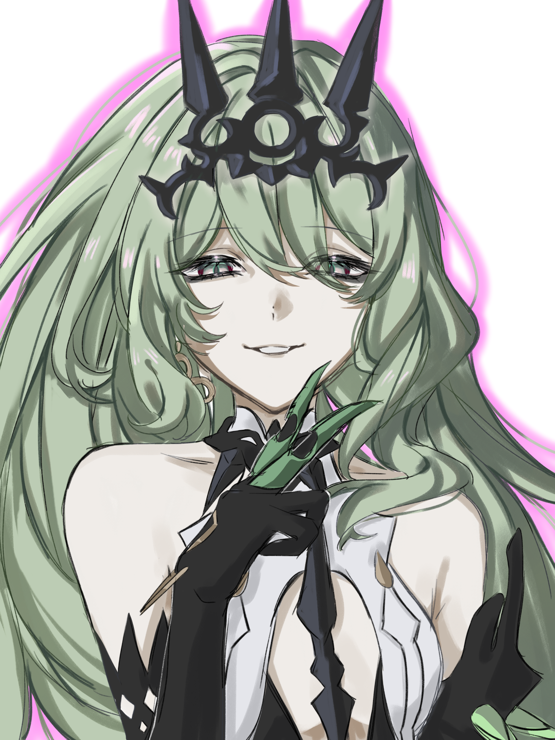 guahua zhima tuan, mobius (honkai impact), honkai (series), honkai impact 3rd, absurdres, chinese commentary, commentary request, highres, 1girl, bare shoulders, black gloves, black tiara, breasts, earrings, elbow gloves, gloves, green hair, jewelry, long hair, looking at viewer, parted lips, simple background, slit pupils, small breasts, smile, solo, tiara, upper body, very long hair, white background