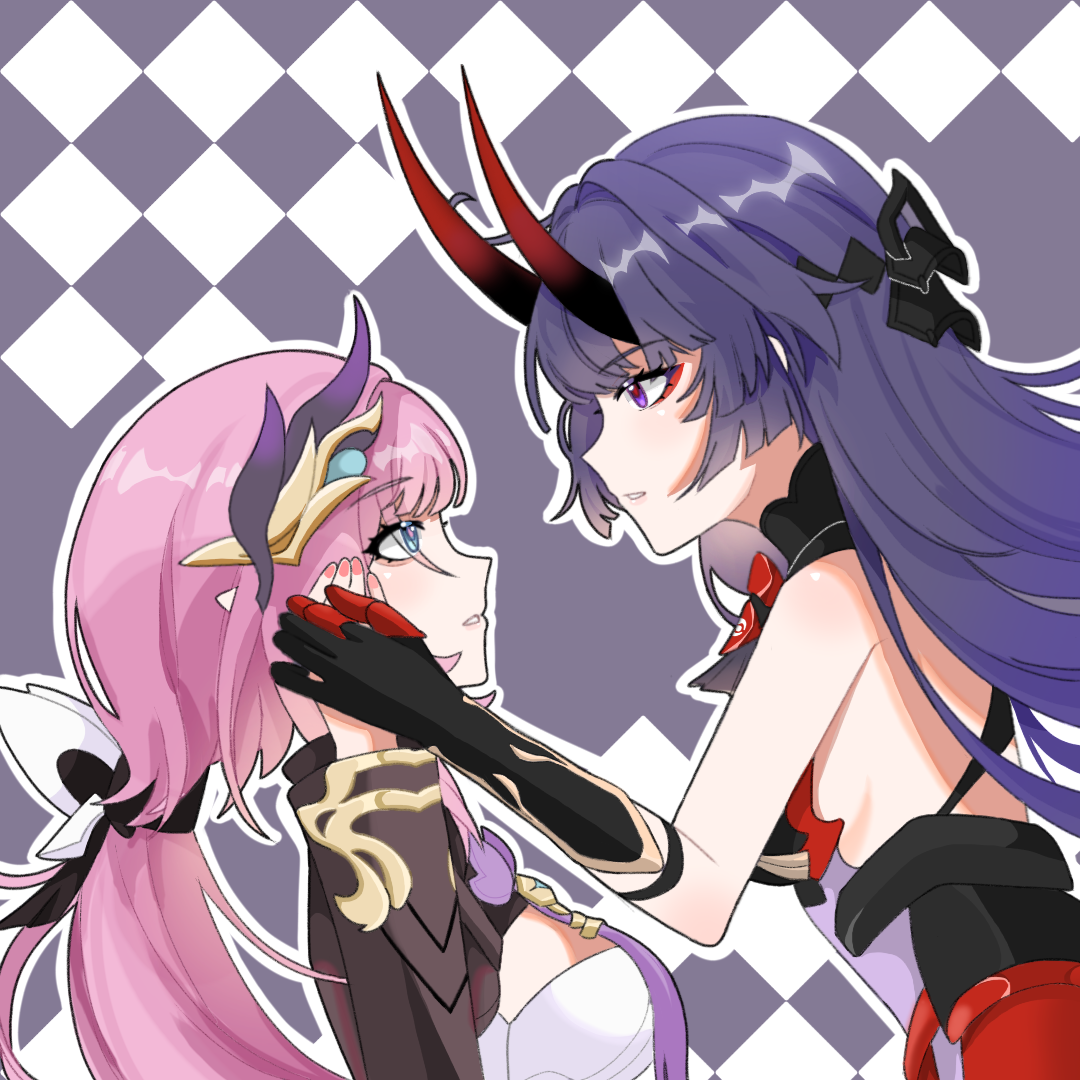 guahua zhima tuan, elysia (honkai impact), elysia (miss pink elf) (honkai impact), raiden mei, raiden mei (herrscher of thunder), honkai (series), honkai impact 3rd, chinese commentary, commentary request, ahoge, black dress, blue eyes, breasts, corset, dress, elf, hair ornament, holding hands, horns, large breasts, long hair, looking at another, pink hair, pointy ears, purple eyes, purple hair, red horns, shrug (clothing), two-tone background, very long hair, white corset