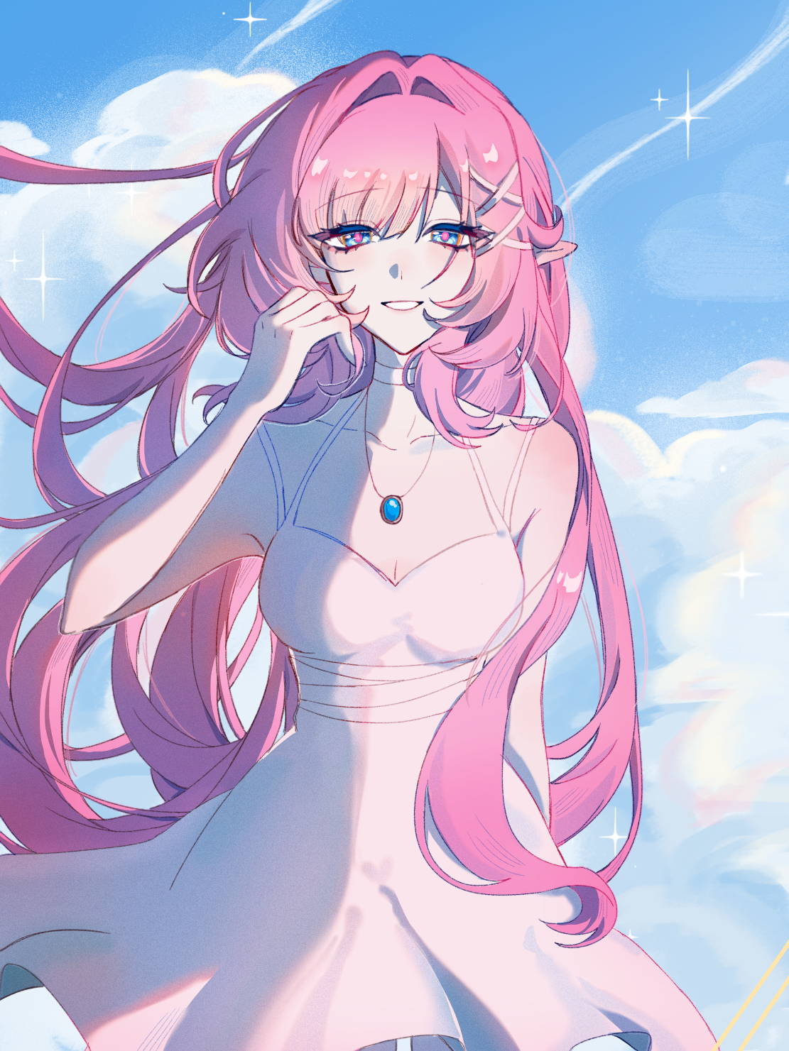 guahua zhima tuan, elysia (honkai impact), honkai (series), honkai impact 3rd, chinese commentary, commentary request, highres, 1girl, alternate costume, bare shoulders, blue eyes, blue sky, breasts, choker, cleavage, cloud, dress, elf, hair intakes, jewelry, large breasts, looking at viewer, necklace, parted lips, pink hair, pointy ears, sky, smile, solo, white choker, white dress