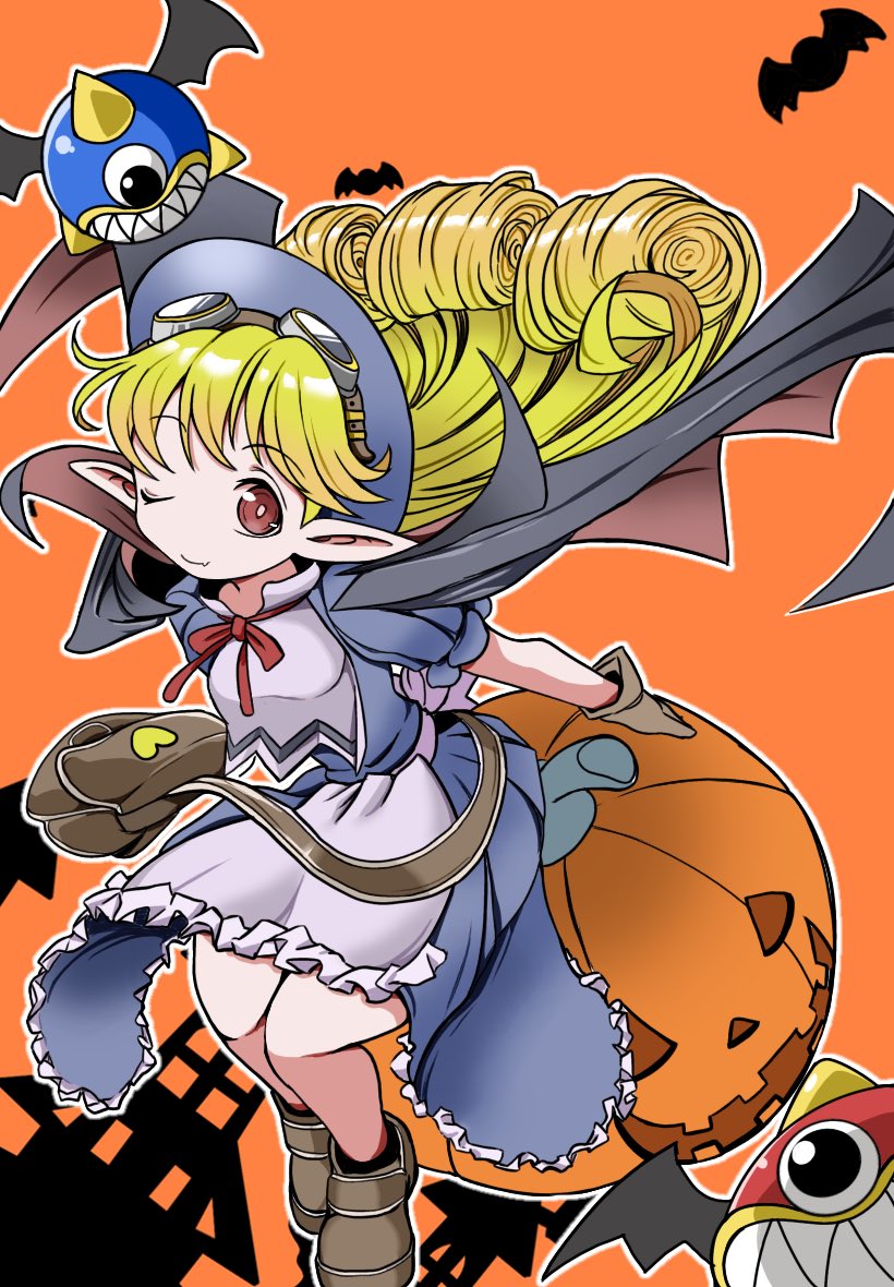 kobawan dam, marivel armitage, wild arms, wild arms 2, 1girl, apron, bag, bat (animal), blonde hair, blue hat, bow, brown bag, cape, closed mouth, curly hair, dress, fang, full body, gloves, goggles, goggles on head, halloween, hat, jack-o'-lantern, long hair, looking at viewer, one eye closed, pointy ears, pumpkin, ribbon, smile, solo, vampire