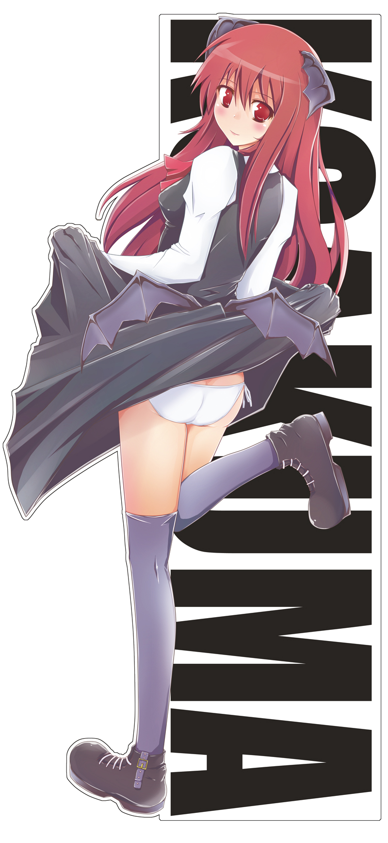 natsume riu, koakuma, embodiment of scarlet devil, touhou, highres, 1girl, ass, bat wings, blush, breasts, character name, clothes lift, dress, dress lift, dress shirt, female focus, head wings, large breasts, leg up, lifting own clothes, long hair, long sleeves, looking at viewer, looking back, low wings, panties, red eyes, red hair, shirt, side-tie panties, skirt, skirt lift, skirt set, solo, thighhighs, underwear, upskirt, vest, white shirt, wings