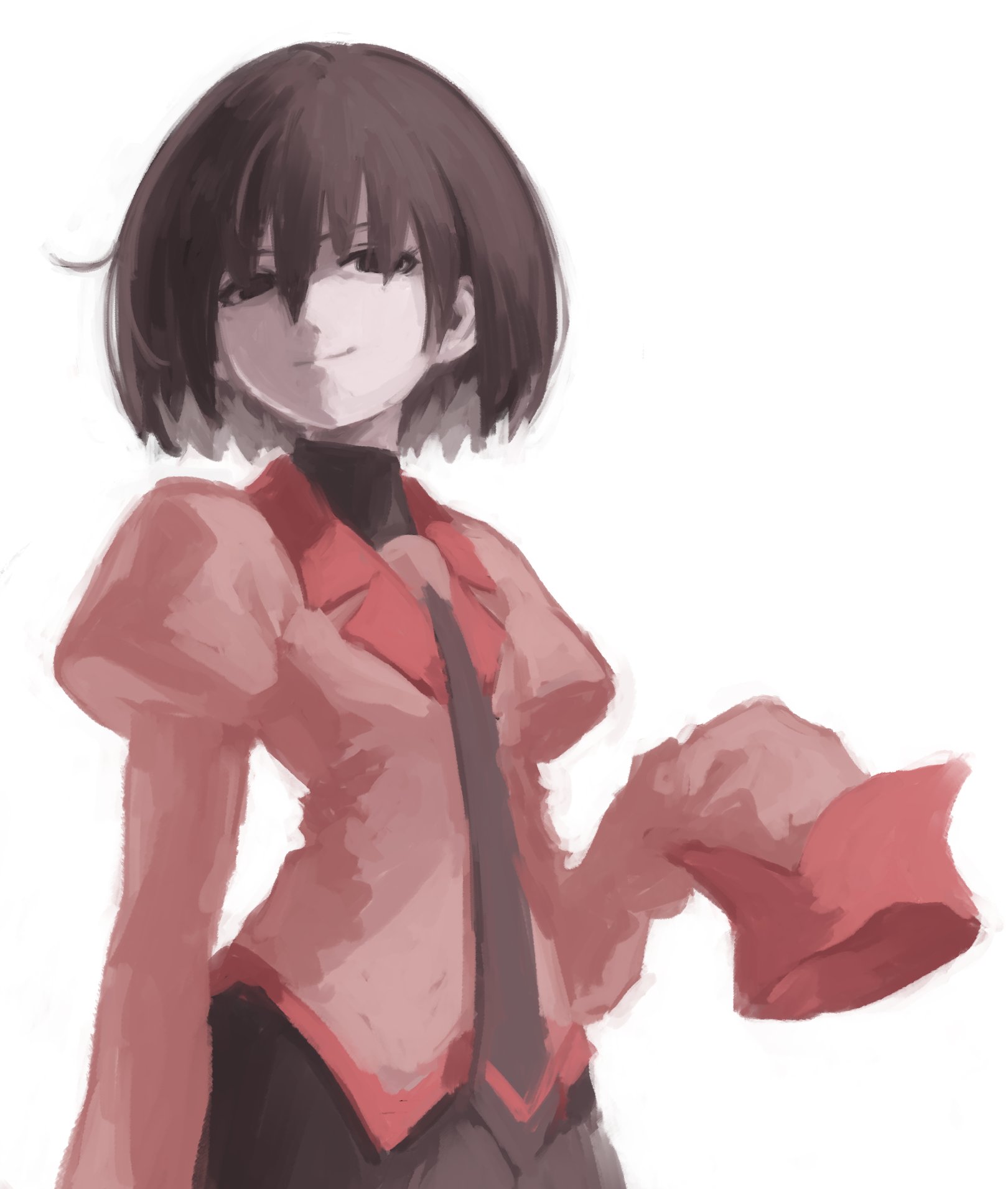 spdcooler, oshino ougi, monogatari (series), commentary, english commentary, highres, 1girl, black hair, black necktie, black shirt, black skirt, bob cut, breasts, closed mouth, cowboy shot, hair between eyes, juliet sleeves, light smile, long sleeves, looking at viewer, naoetsu high school uniform, necktie, painterly, pale skin, pink shirt, puffy sleeves, red trim, school uniform, shirt, short hair, simple background, skirt, sleeves past fingers, sleeves past wrists, small breasts, smile, smirk, smug, solo, standing, turtleneck, very long sleeves, white background