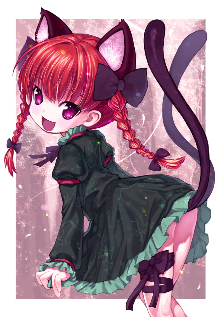 kiira, kaenbyou rin, touhou, 1girl, animal ears, bent over, braid, cat ears, cat girl, cat tail, dress, female focus, hair ribbon, looking back, multiple tails, purple eyes, ribbon, solo, tail, twin braids, twintails