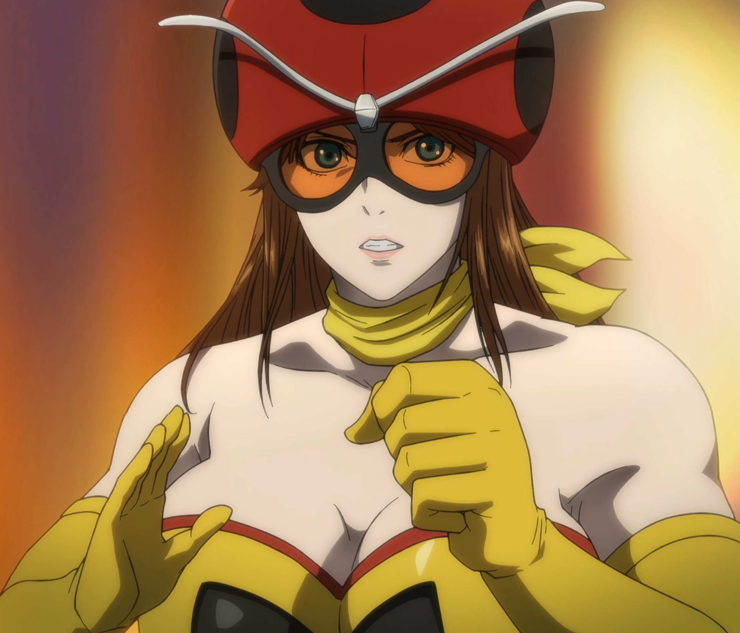 electro wave human tackle, yuriko okada, kamen rider, kamen rider stronger (series), toujima tanzaburou wa kamen rider ni naritai, absurdres, anime screenshot, highres, stitched, third-party edit, ascot, bare shoulders, breasts, brown hair, clenched hand, collarbone, elbow gloves, gloves, goggles, helmet, large breasts, looking at viewer, parted lips, portrait, red helmet, shirt, strapless, strapless shirt, teeth, upper body, yellow ascot, yellow gloves