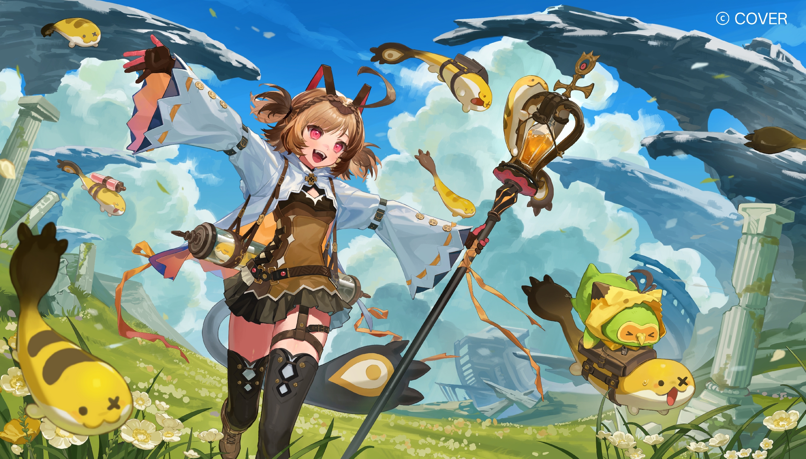 quan 1919, gigi murin, grem (gigi murin), popo (gigi murin), hololive, hololive english, chinese commentary, commentary request, highres, official art, 1girl, :d, ahoge, black skirt, black thighhighs, blonde hair, blue sky, braid, brown gloves, brown hair, brown shirt, cloud, copyright name, crown braid, day, fangs, garter straps, gloves, holding, hood, hooded jacket, jacket, long sleeves, miniskirt, multicolored hair, open mouth, outdoors, outstretched arms, partially fingerless gloves, pink eyes, pleated skirt, sharp teeth, shirt, short hair, short twintails, single garter strap, skirt, sky, smile, tail, teeth, thigh strap, thighhighs, twintails, two-tone hair, virtual youtuber, white jacket, wide sleeves