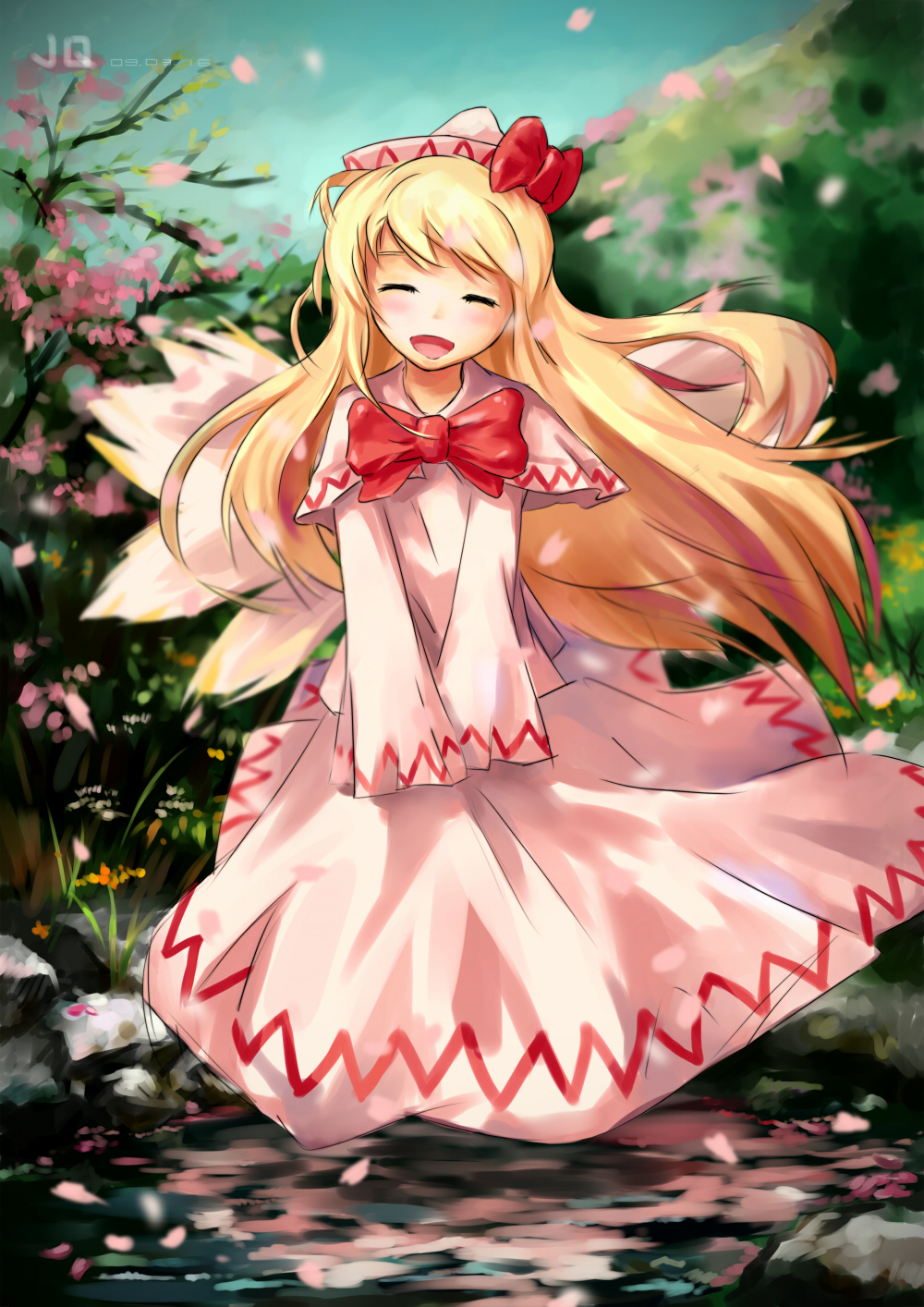 jq3c273, lily white, touhou, highres, 1girl, blonde hair, cherry blossoms, closed eyes, dress, female focus, happy, hat, long hair, long sleeves, petals, sleeves past wrists, smile, solo