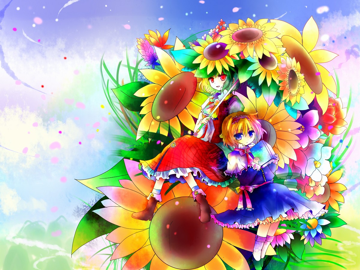 kazu (muchuukai), alice margatroid, kazami yuuka, touhou, 2girls, ascot, blue eyes, book, colorful, female focus, flower, multicolored hair, multiple girls, plaid clothes, plaid skirt, plaid vest, red eyes, short hair, sitting, skirt, skirt set, sunflower, vest