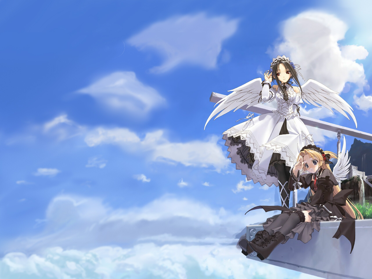 hinamina (monochrome), yun (monochrome), monochrome (game), 2girls, angel wings, black hair, blonde hair, blue eyes, boots, cloud, day, dress, long hair, multiple girls, red eyes, sitting, skirt, sky, standing, thighhighs, wings, zettai ryouiki