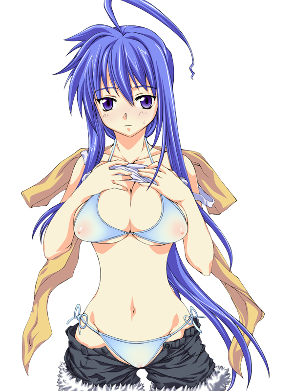 makkuro junji, bad id, bad pixiv id, 1girl, ahoge, blue eyes, blue hair, breasts, cleavage, clothes lift, female focus, large breasts, long hair, matching hair/eyes, navel, panties, see-through clothes, shirt lift, side-tie panties, solo, underwear, very long hair