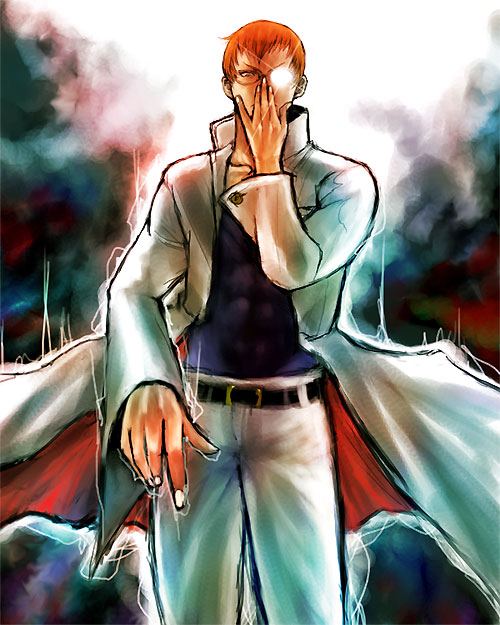 kagami kyosuke, capcom, justice gakuen, shiritsu justice gakuen, 1boy, belt, brown eyes, formal clothes, glasses, hidden eyes, jacket, long sleeves, looking at viewer, male focus, one eye covered, opaque glasses, open clothes, open jacket, orange hair, reflection, solo, standing, suit, white suit