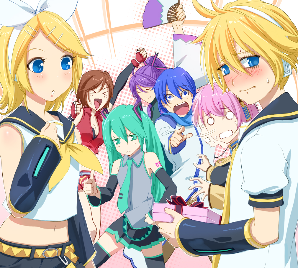 yahako, hatsune miku, kagamine len, kagamine rin, kaito (vocaloid), kamui gakupo, megurine luka, meiko (vocaloid), vocaloid, bad id, bad pixiv id, > <, 3boys, 4girls, :<, aqua hair, bare shoulders, blonde hair, blue hair, blue scarf, blush, breasts, candy, cleavage, closed eyes, detached sleeves, everyone, family, fingerless gloves, flat chest, food, gloves, green eyes, green hair, hand fan, long hair, medium breasts, midriff, multiple boys, multiple girls, navel, necktie, o o, open mouth, pink hair, purple hair, scarf, shorts, thighhighs, thumbs up, twintails, white day, zettai ryouiki
