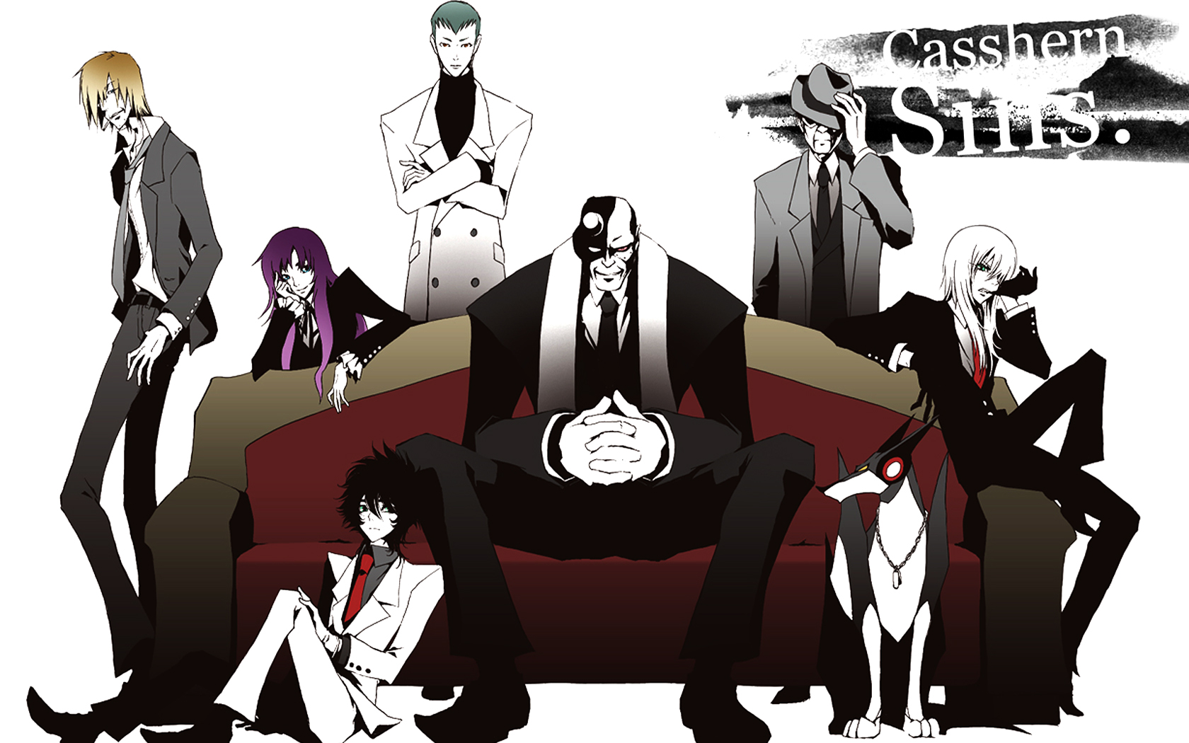 akoes, braiking boss, casshern, dio, friender, jin (casshern sins), leda (casshern sins), margo, oji (casshern sins), casshern (series), casshern sins, annotated, highres, 00s, 1girl, 6+boys, alternate costume, couch, dog, dog tags, formal clothes, hat, multiple boys, necktie, red upholstery, robot, suit