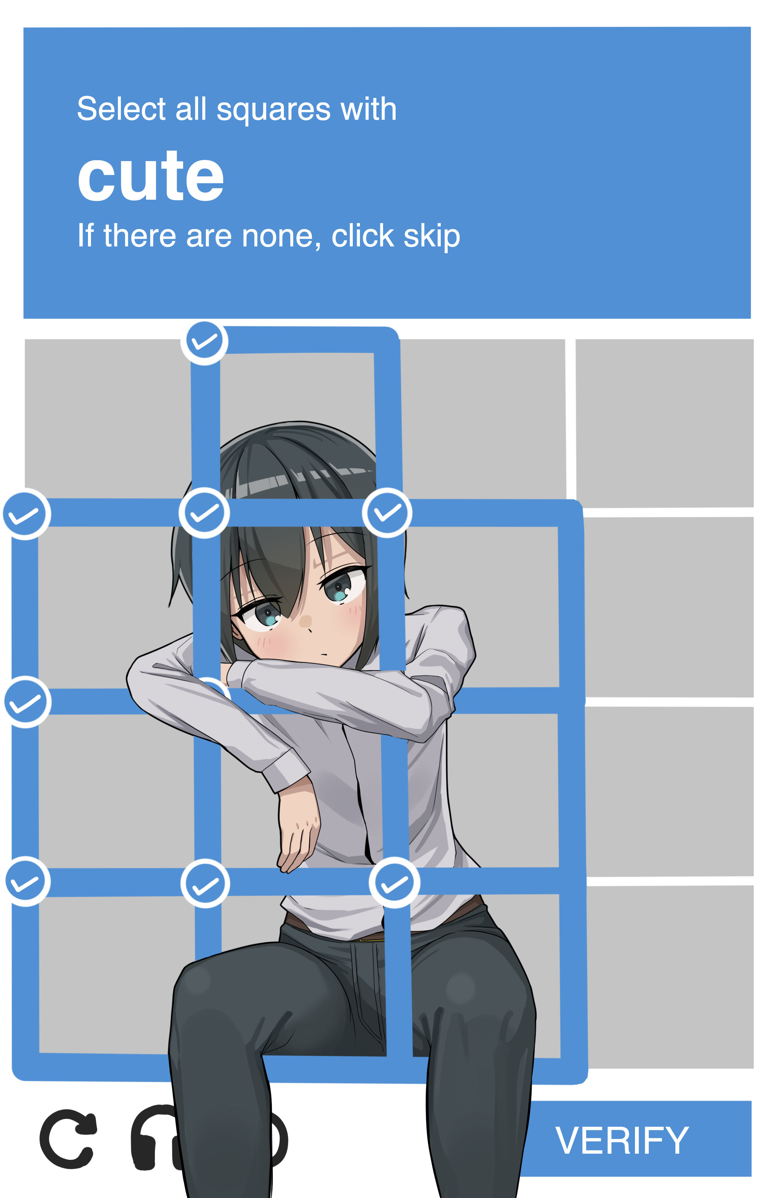 akts625, kino (kino no tabi), kino no tabi, absurdres, commentary, highres, 1girl, androgynous, arm rest, belt, black hair, black pants, blue eyes, breasts, brown belt, captcha, closed mouth, collared shirt, dot mouth, dress shirt, english text, grey background, grid, hair between eyes, head rest, head tilt, long sleeves, looking at viewer, pants, raised eyebrows, romaji commentary, shirt, short hair, simple background, sitting, small breasts, solo, tomboy, user interface, very short hair, white shirt
