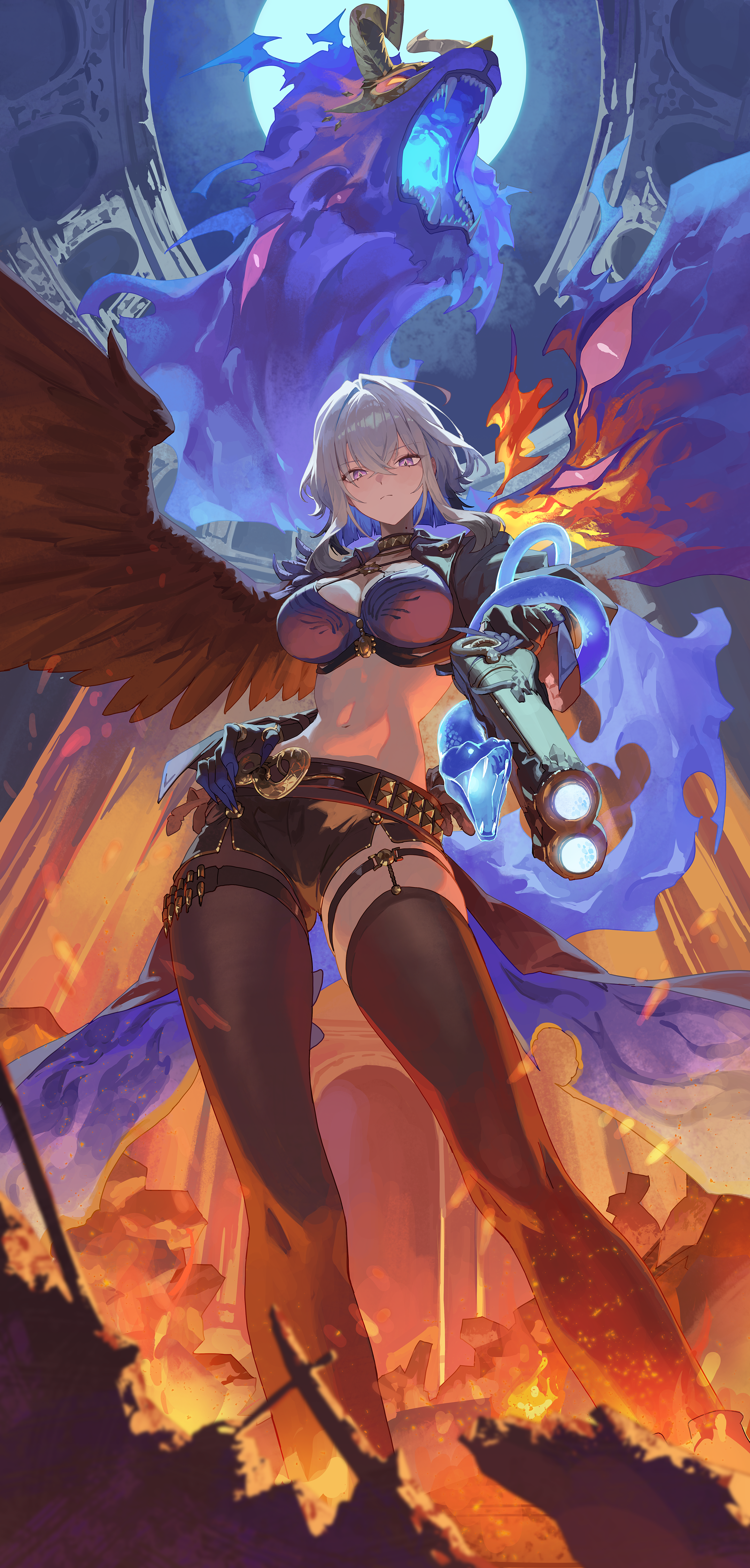 m.q (mqkyrie), galbrena (wuthering waves), wuthering waves, absurdres, commentary, highres, symbol-only commentary, 1girl, asymmetrical wings, belt, black jacket, black shorts, blue bra, blue hands, bra, chimera (wuthering waves), closed mouth, colored inner hair, criss-cross straps, cropped jacket, fang, fire, from below, gun, holding, holding gun, holding weapon, horns, jacket, looking at viewer, mismatched wings, mole, mole on neck, multicolored hair, navel, purple eyes, purple snake, short hair, shorts, single leg pantyhose, single wing, snake, standing, studded belt, tacet discord (wuthering waves), underwear, weapon, white hair, wings