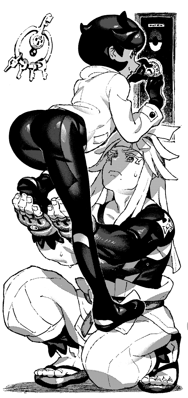 ireading, emma (pokemon), ivor (pokemon), klefki, nintendo, pokemon, pokemon legends: z-a, highres, 1boy, 1girl, 1other, ass, black bodysuit, black hair, bodysuit, bodysuit under clothes, brown jacket, dark-skinned female, dark skin, full body, gen 6 pokemon, gloves, huge ass, jacket, long hair, looking at another, muscular, muscular male, open mouth, short hair, simple background, wide hips