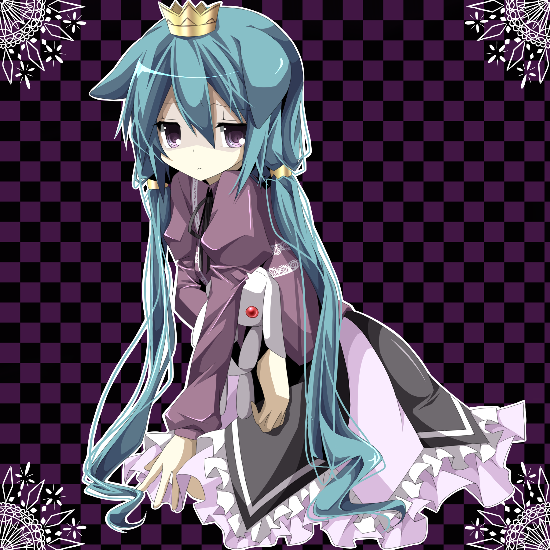 chiruku, momomeno (7th dragon), princess (7th dragon), 7th dragon, 7th dragon (series), bad id, bad pixiv id, highres, 1girl, animal ears, checkered background, crown, dress, female focus, green hair, long hair, solo, stuffed animal, stuffed rabbit, stuffed toy