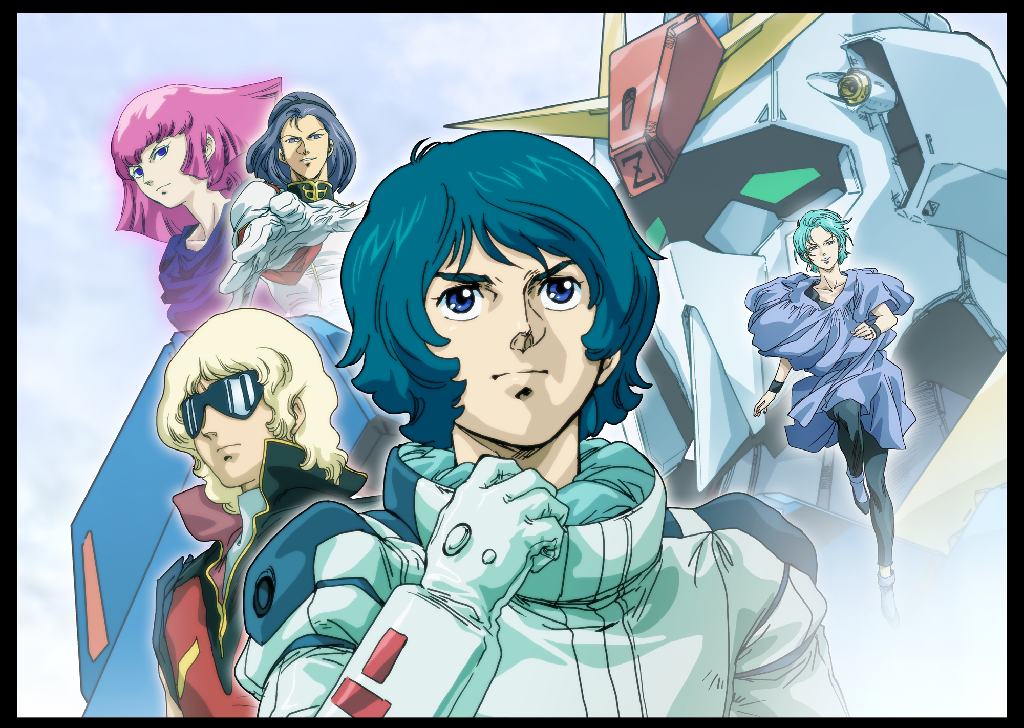 char aznable, four murasame, haman karn, kamille bidan, paptimus scirocco, zeta gundam (mobile suit), gundam, zeta gundam, artist request, highres, official art, scan, traditional media, 1980s fashion, 1990s (style), 2girls, 3boys, aeug, aqua hair, blonde hair, blue eyes, blue hair, gun, machine gun, machinery, mecha, mecha pilot suit, mobile suit, multiple boys, multiple girls, pink hair, purple hair, reaching, reaching towards viewer, retro artstyle, robot, running towards viewer, science fiction, serious, sunglasses, titans (gundam), v-fin, weapon