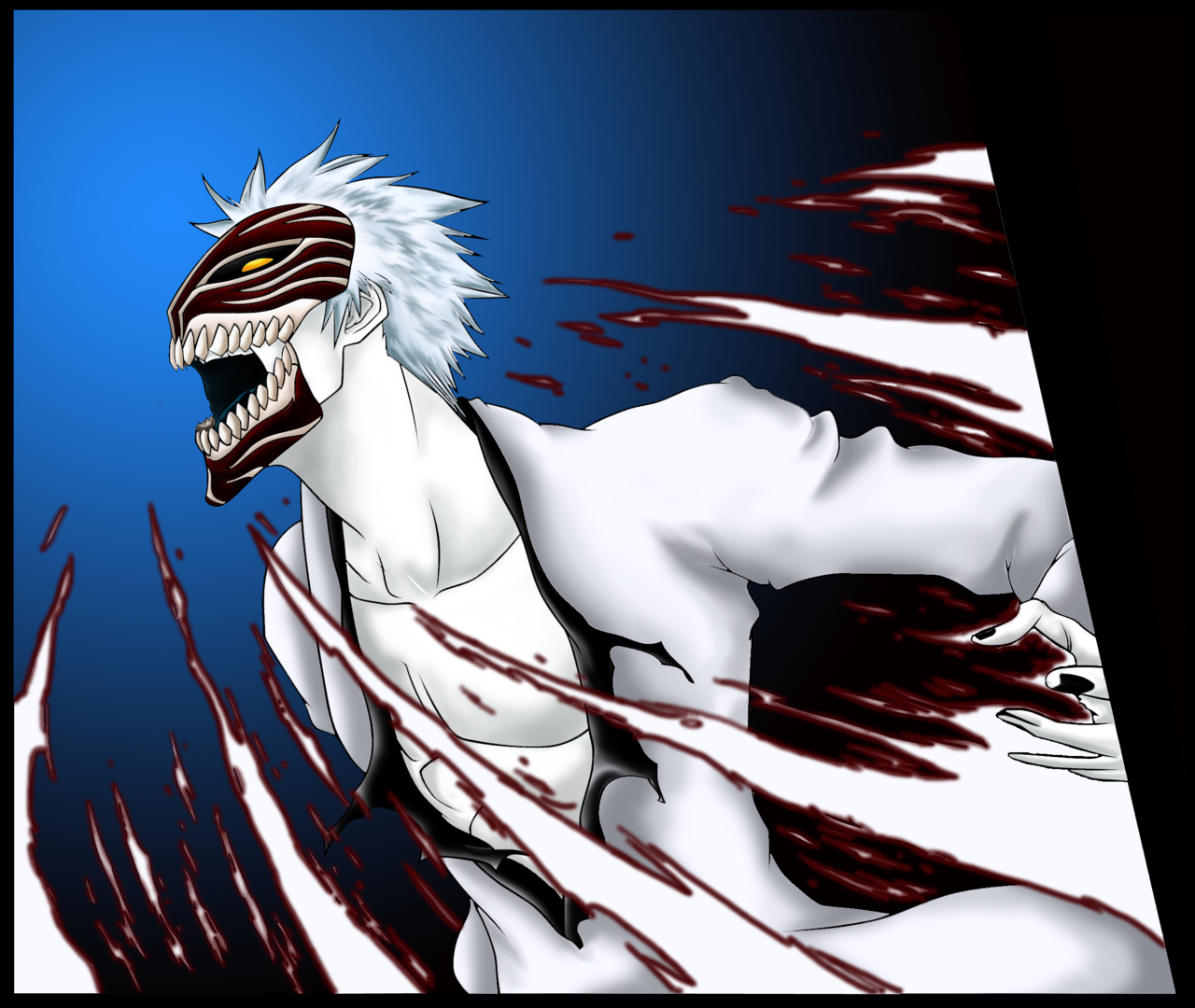 hollow ichigo, shirosaki hichigo, bleach, 1boy, mask, muscular, open mouth, pale skin, solo, white hair, yellow eyes