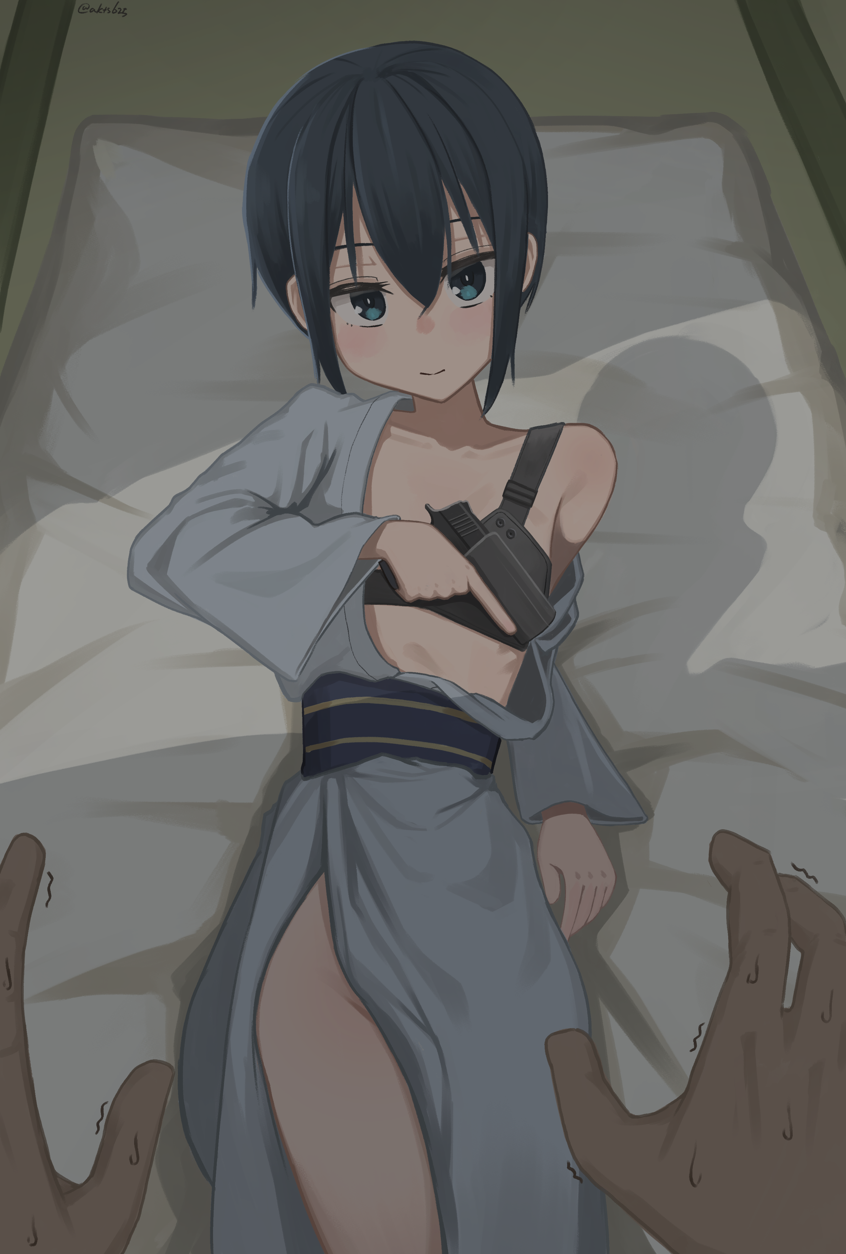 akts625, kino (kino no tabi), kino no tabi, absurdres, commentary, highres, weapon request, 1boy, 1girl, androgynous, artist name, bedroom, belt, black hair, blue belt, blue eyes, blue kimono, blue sash, breasts, chest harness, chest holster, closed mouth, dark, disembodied hand, from above, futon, groin, gun, hair between eyes, handgun, harness, holding, holding gun, holding weapon, indoors, japanese clothes, kimono, light blush, light smile, long sleeves, looking at viewer, looking up, lying, midriff peek, nervous sweating, no bra, no panties, obi, off shoulder, on back, open clothes, open kimono, pov, pov hands, romaji commentary, sash, short hair, side slit, sidelocks, signature, single bare shoulder, small breasts, solo focus, sweat, tatami, tomboy, trembling, trigger discipline, very short hair, weapon, wide sleeves, yukata