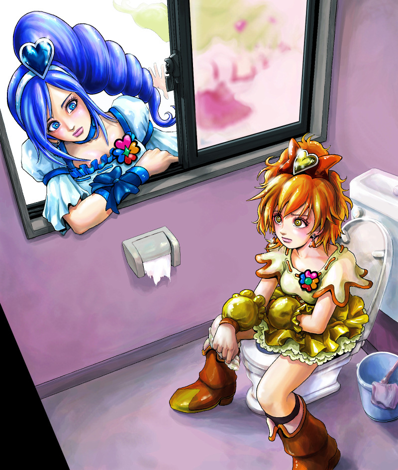 surfroach, aono miki, cure berry, cure peach, cure pine, momozono love, yamabuki inori, fresh precure!, precure, 00s, 2girls, boots, bow, bucket, eyelashes, hair ornament, heart, heart hair ornament, knee boots, lips, magical girl, multiple girls, panties, panties around leg, ribbon, side ponytail, toilet, toilet use, underwear, wrist cuffs