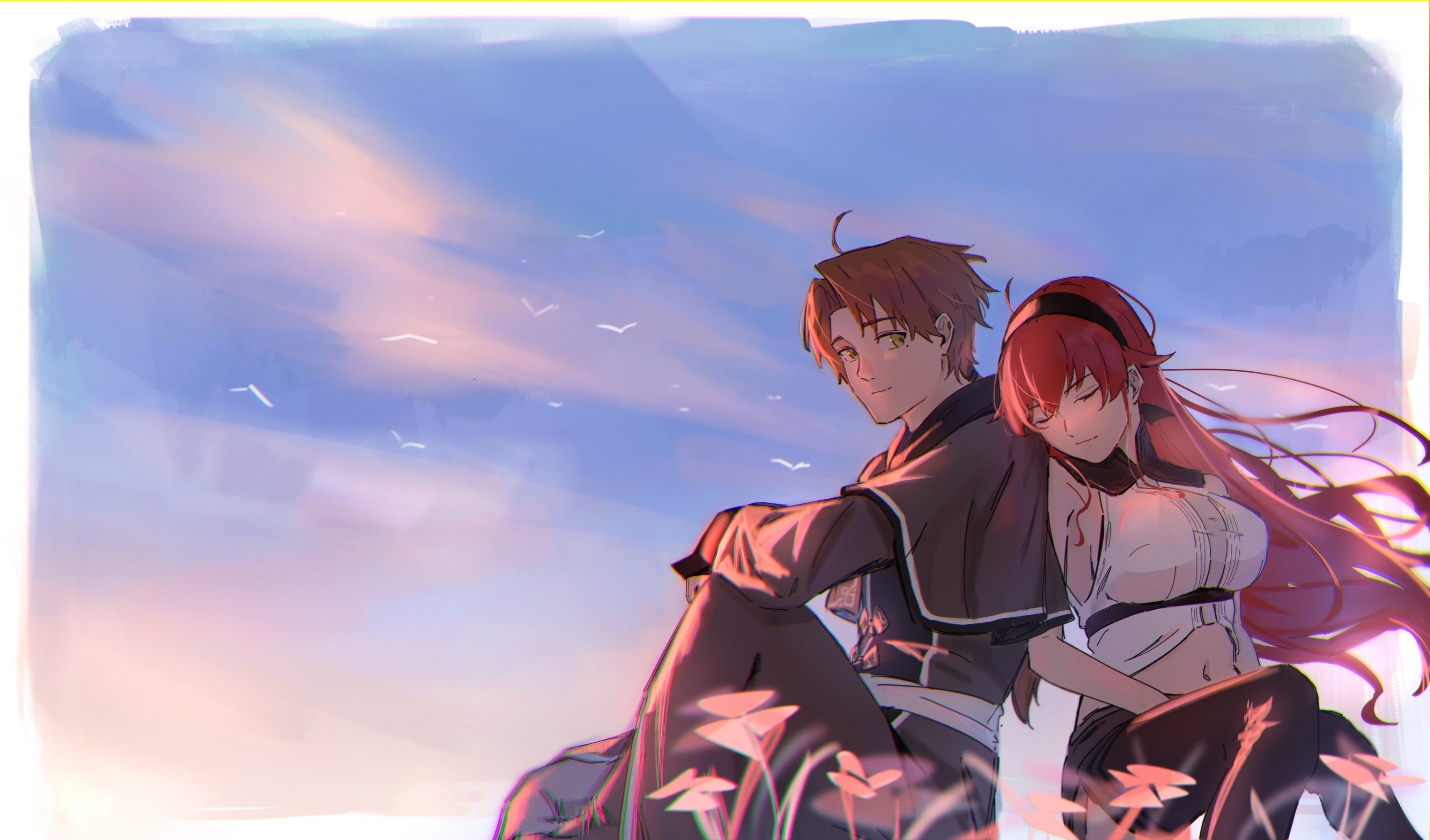 es limi, eris greyrat, rudeus greyrat, mushoku tensei, absurdres, highres, 1boy, 1girl, aged up, ahoge, black hairband, blush, breasts, brown shorts, bunching hair, cloak, closed mouth, cousins, crossed bangs, gloves, green cloak, grey robe, hair between eyes, hairband, hand wraps, hetero, husband and wife, large breasts, long hair, long sleeves, navel, red eyes, red hair, robe, shirt, shorts, smile, thick eyebrows, unworn gloves, very long hair, white shirt