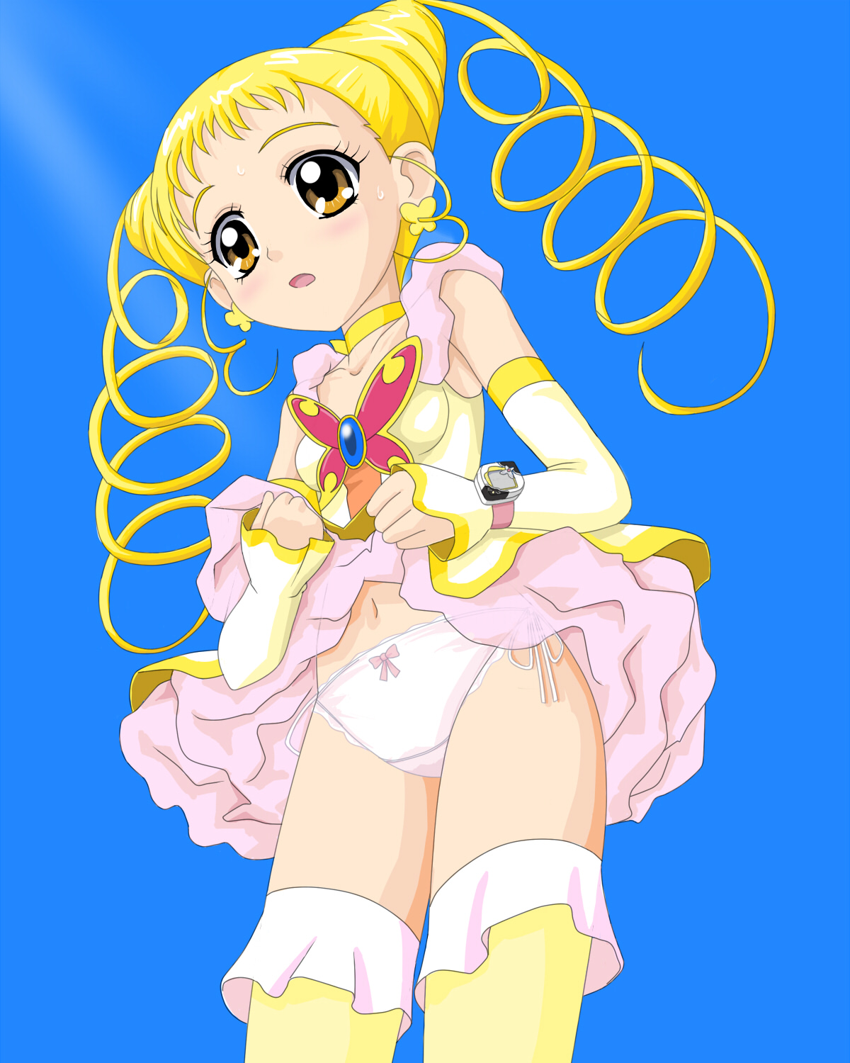 zai jian kanchou, cure lemonade, kasugano urara (yes! precure 5), precure, yes! precure 5, highres, 00s, 1girl, blonde hair, blue background, brown eyes, cone hair bun, detached sleeves, drill hair, eyelashes, female focus, from below, hair bun, long hair, magical girl, panties, simple background, solo, thighhighs, twin drills, underwear, yellow thighhighs