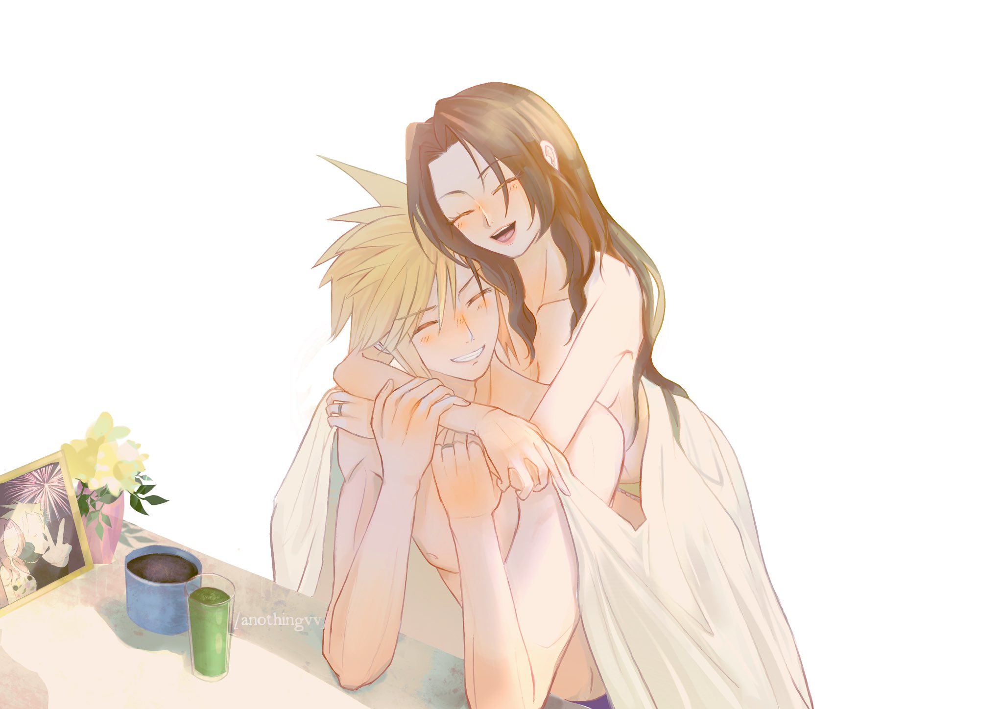 aerith gainsborough, cloud strife, final fantasy, final fantasy vii, highres, aerial fireworks, anothingvv, arms around neck, bed sheet, blonde hair, blush, breasts, cleavage, closed eyes, cup, fireworks, flower, hair between eyes, jewelry, long hair, medium breasts, open mouth, parted bangs, parted lips, picture frame, plant, potted plant, ring, short hair, sidelocks, smile, spiked hair, teeth, topless female, topless male, twintails, upper body, v, white background, yellow flower