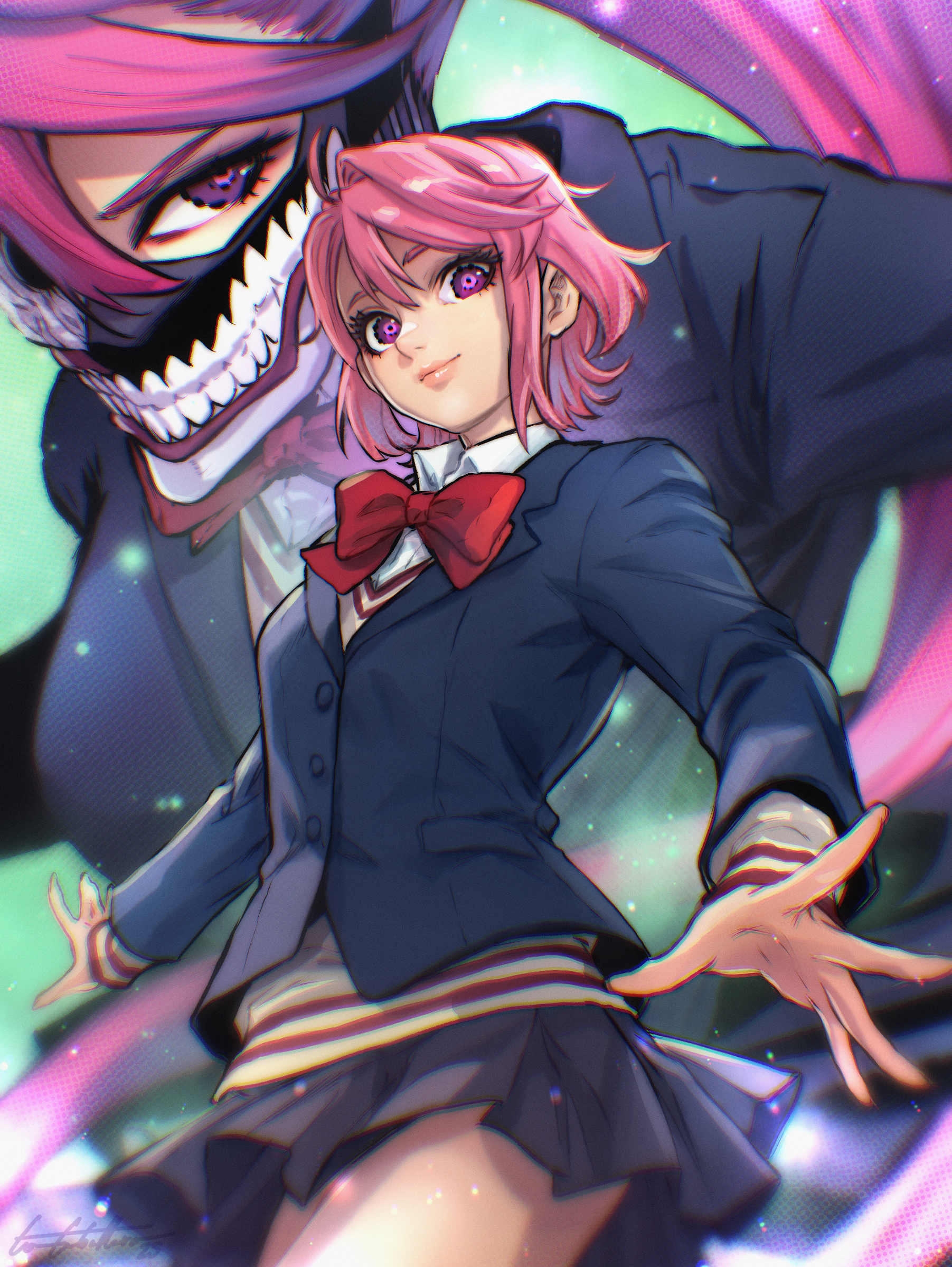 acrobatic silky (dandadan), shiratori aira (dandadan), dandadan, commentary, english commentary, highres, 1girl, ahoge, artist name, asymmetrical mask, black skirt, blazer, blue jacket, bow, bowtie, breasts, brown sweater vest, collared shirt, cowboy shot, eyelashes, green background, hair between eyes, jacket, kami high school uniform, light particles, lips, long hair, looking at viewer, medium breasts, multicolored eyes, multiple views, nose, outstretched arms, pink eyes, pink hair, pink lips, pleated skirt, purple eyes, red bow, red bowtie, ringed eyes, school uniform, screentones, shirt, short hair, signature, single hair intake, skirt, sweater vest, teeth print, toni caballero, two-tone eyes, very long hair, white shirt