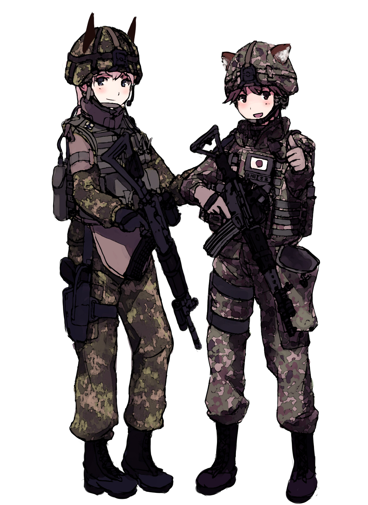 shibafu (glock23), eila ilmatar juutilainen, miyafuji yoshika, strike witches, world witches series, bad id, bad pixiv id, highres, 00s, 2girls, animal ears, assault rifle, camouflage, gun, howa type 89, military, military combat uniform, military uniform, multiple girls, rifle, rk95, thumbs up, weapon