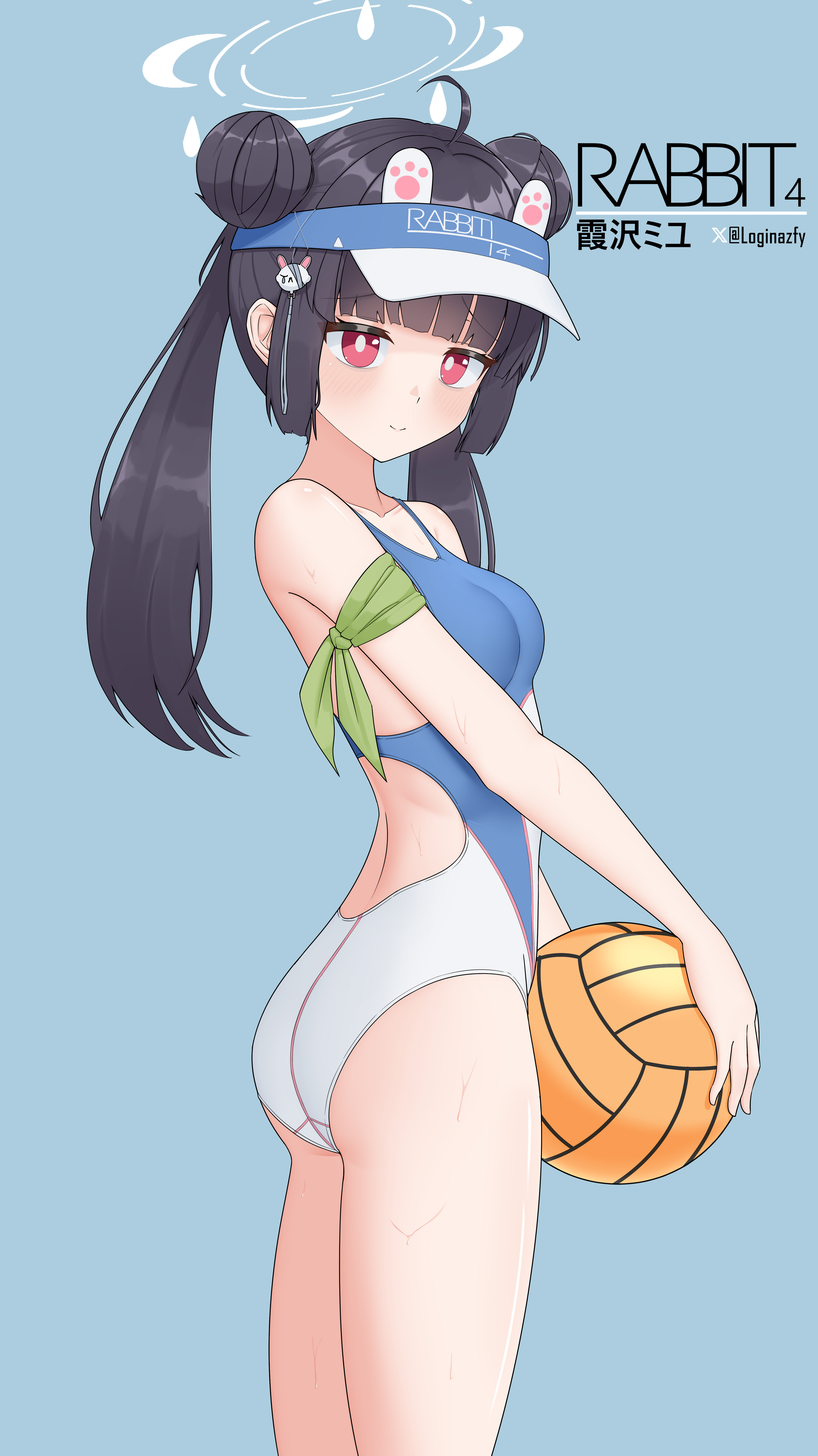 sembem, miyu (blue archive), blue archive, absurdres, highres, 1girl, ahoge, alternate hairstyle, armband, ass, ball, black hair, blue background, blunt bangs, breasts, character name, competition swimsuit, double bun, hair bun, halo, long hair, looking at viewer, one-piece swimsuit, rabbit ornament, red eyes, sidelocks, simple background, small breasts, solo, swimsuit, twintails, twitter username, two-tone swimsuit, visor cap, volleyball (object), white halo