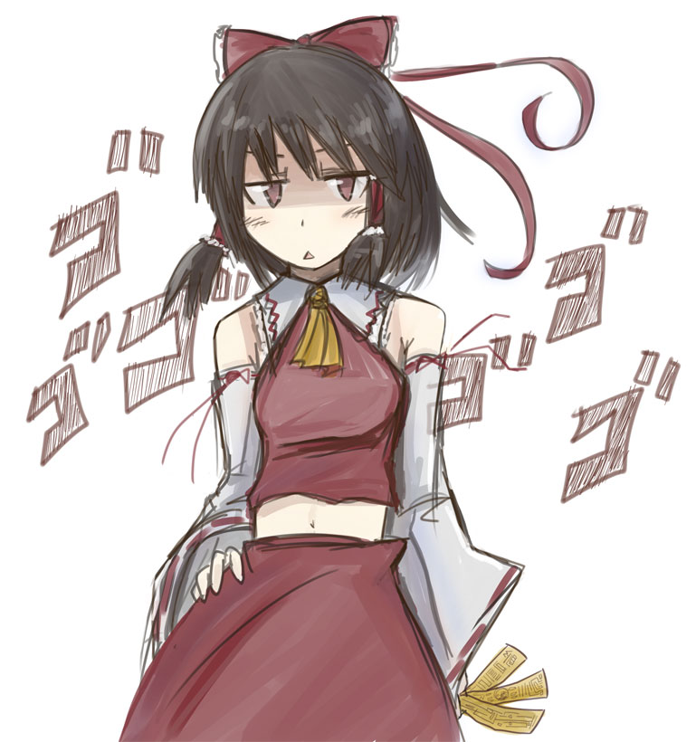 hakurei reimu, touhou, 1girl, angry, bare shoulders, black hair, brown hair, detached sleeves, female focus, flat chest, japanese clothes, midriff, miko, navel, sketch, skirt, solo, white background