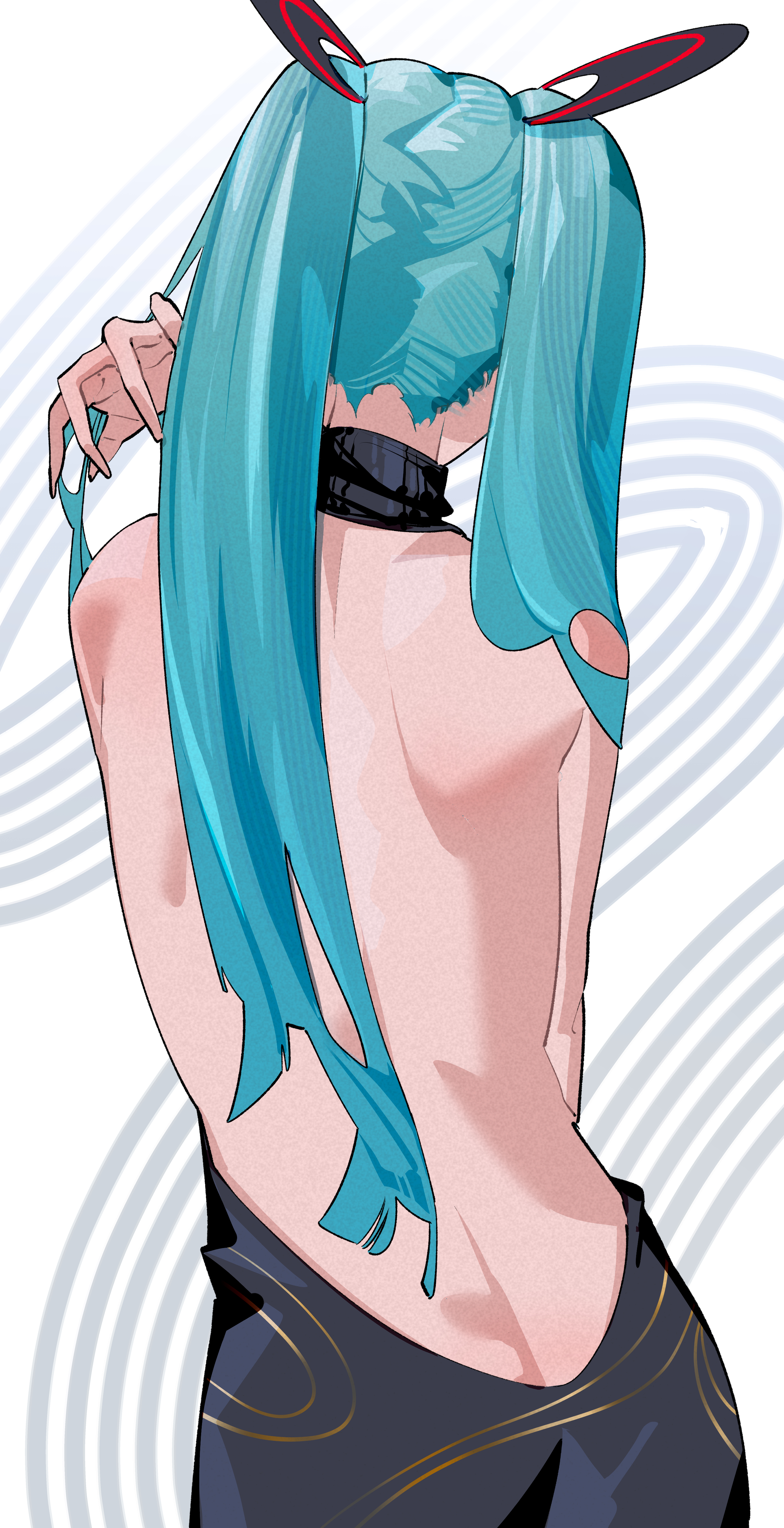 h4ppyage, hatsune miku, tagme, 1girl, backless dress, backless outfit, blue hair, dress, from behind, twintails