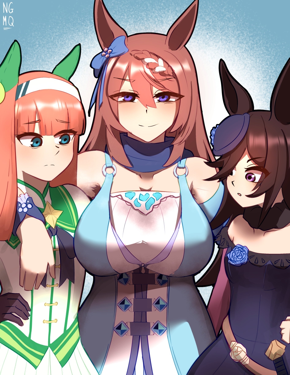 rice shower (rosy dreams) (umamusume), rice shower (umamusume), silence suzuka (innocent silence) (umamusume), silence suzuka (umamusume), super creek (murmuring stream) (umamusume), super creek (umamusume), umamusume, highres, animal ears, blue eyes, blue flower, blue hat, blue rose, blunt bangs, blush, bow, braid, braided ponytail, breasts, brown hair, dagger, dress, ear bow, ear covers, ear flower, ear ornament, ear ribbon, fascinator, flat chest joke, flipped hair, flower, hair between eyes, hair over one eye, hairband, hat, hat flower, hime cut, horse ears, horse girl, horseshoe ornament, knife, large breasts, long hair, looking at viewer, low-tied long hair, multiple girls, ngmq, off-shoulder dress, off shoulder, orange hair, orange tail, rose, shirt, smile, tilted headwear, very long hair, weapon, white hair, white hairband