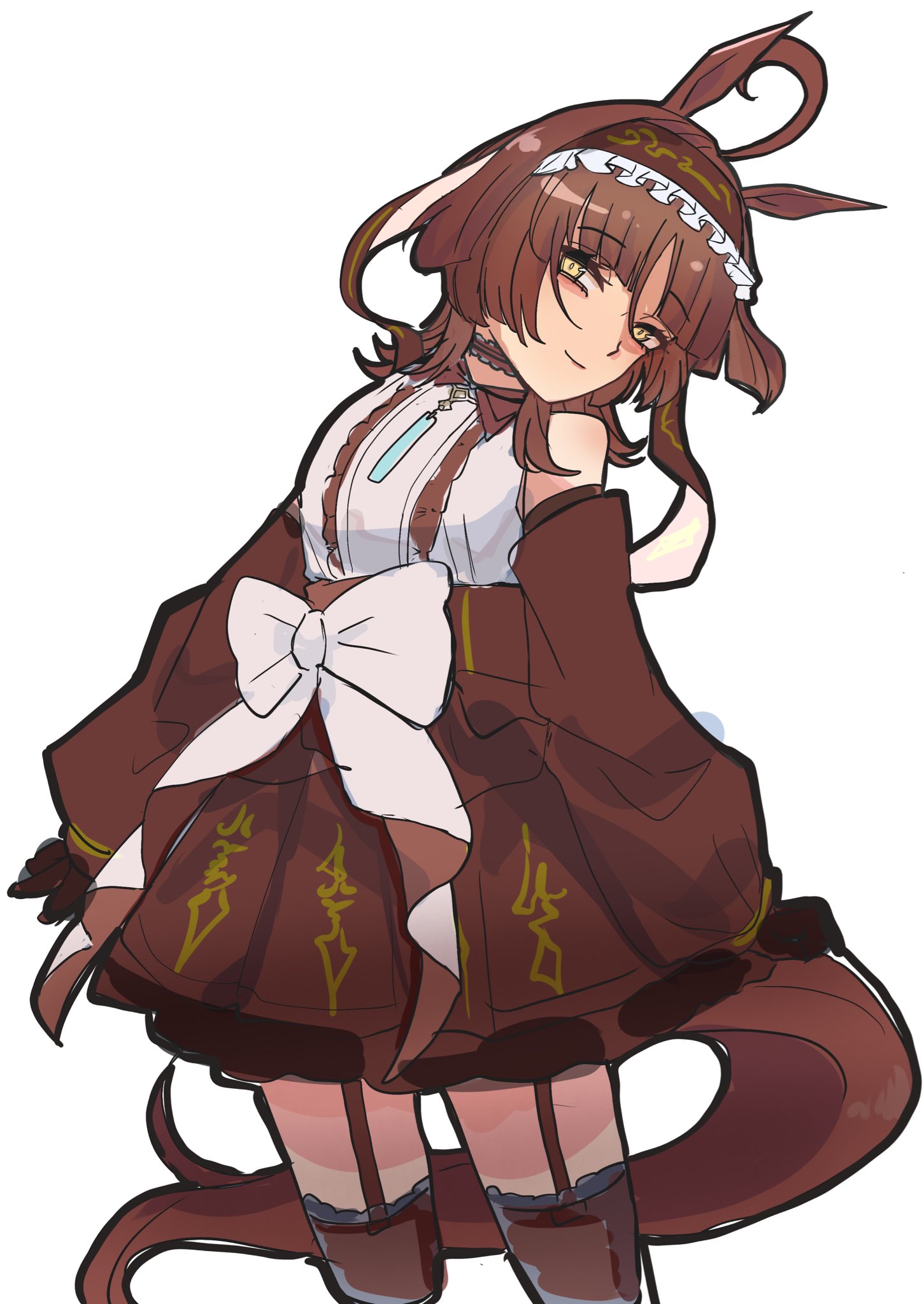 kawamochi (kawauti919), umamusume, commentary request, highres, 1girl, ahoge, alternate hair length, alternate hairstyle, animal ears, bare shoulders, brown gloves, brown hair, brown hairband, brown skirt, brown sleeves, brown thighhighs, center frills, closed mouth, frilled hairband, frills, garter straps, gloves, hairband, head tilt, high-waist skirt, horse ears, horse girl, horse tail, long sleeves, looking at viewer, puffy long sleeves, puffy sleeves, red desire (umamusume), shirt, simple background, skirt, sleeveless, sleeveless shirt, sleeves past wrists, smile, solo, standing, tail, thighhighs, white background, white shirt, yellow eyes