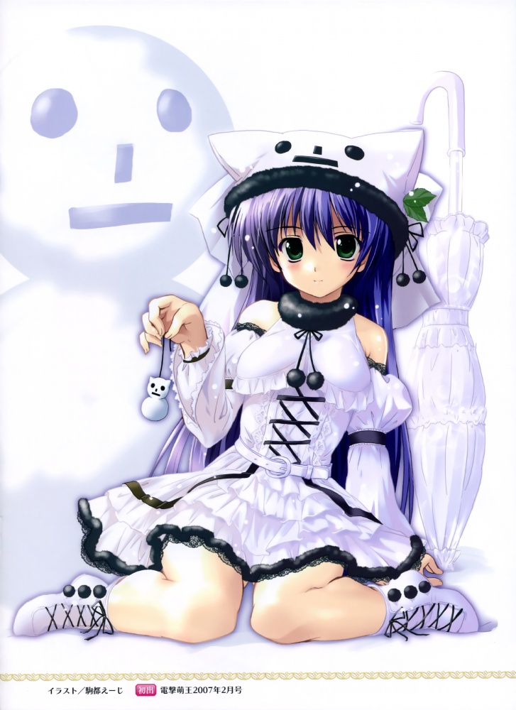 komatsu eiji, tagme, green eyes, purple hair, sitting, snowman, solo, umbrella, white theme