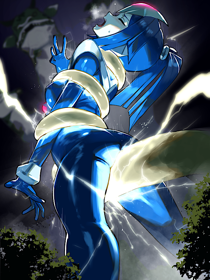 nikunopengin, original, ultra series, commentary request, 1girl, blue hair, chest jewel, closed eyes, electricity, electrocution, giant, giantess, long hair, open mouth, tree, x-girl serena