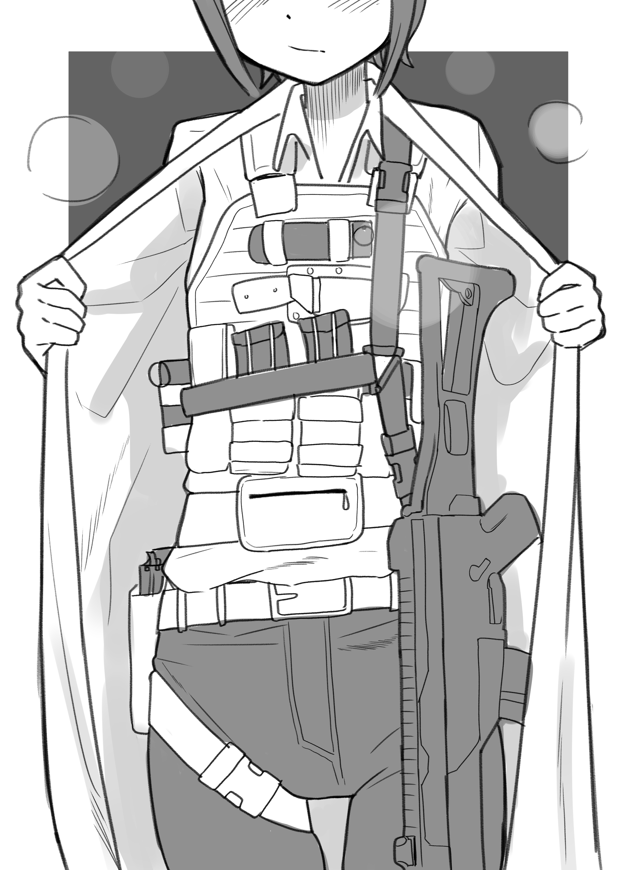 akts625, kino (kino no tabi), kino no tabi, absurdres, commentary, highres, weapon request, 1girl, :/, assault rifle, belt, belt buckle, belt pouch, blurry, blush, body armor, bokeh, border, buckle, bulletproof vest, chest harness, closed mouth, coat, collared shirt, combat knife, cowboy shot, depth of field, dress shirt, embarrassed, explosive, eyes out of frame, grenade, grenade pin, grey background, greyscale, gun, handgun, harness, hatching (texture), head out of frame, holster, knife, magazine (weapon), monochrome, open clothes, open coat, opened by self, outside border, pants, pouch, revolver, rifle, romaji commentary, sheath, shirt, short hair, sidelocks, simple background, solo, standing, thigh gap, thigh holster, tomboy, too many weapons, trench coat, very short hair, weapon, white border