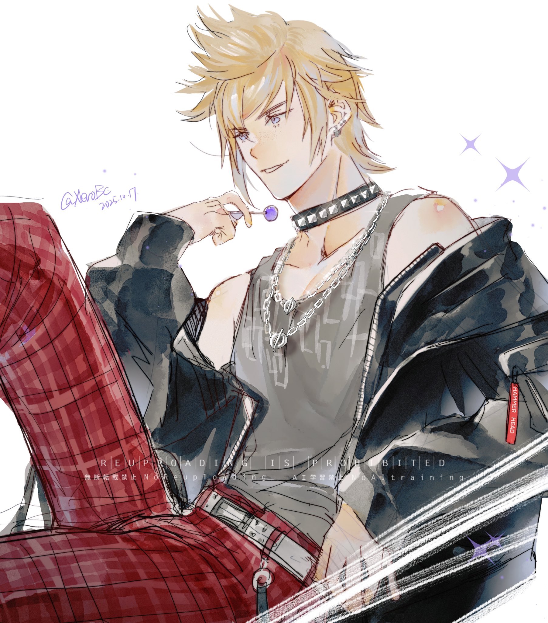 prompto argentum, dissidia duellum final fantasy, dissidia final fantasy, final fantasy, final fantasy xv, highres, 1boy, bare shoulders, belt, black jacket, blonde hair, candy, chain, chain necklace, dated, earrings, food, grey tank top, holding, holding candy, holding food, holding lollipop, jacket, jacket partially removed, jewelry, leather, leather jacket, lollipop, male focus, multiple earrings, necklace, official alternate costume, pants, parted lips, plaid clothes, plaid pants, red pants, short hair, smile, solo, sparkle, spiked hair, studded choker, tank top, twitter username, upper body, white background, white belt, xerobc