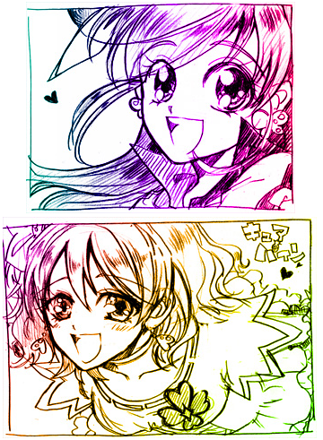 nuriesuki, cure dream, cure pine, yamabuki inori, yumehara nozomi, fresh precure!, precure, yes! precure 5, lowres, 00s, 2girls, :d, colorful, eyelashes, female focus, looking at viewer, magical girl, monochrome, multiple girls, open mouth, smile