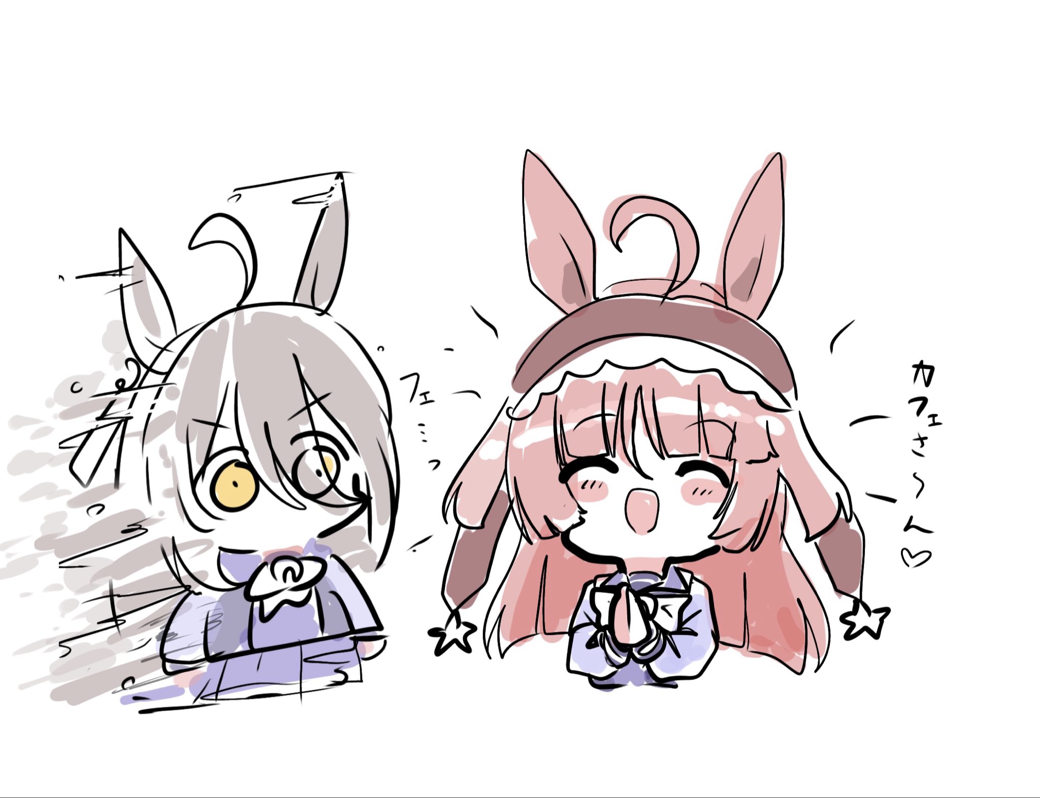 kawamochi (kawauti919), manhattan cafe (umamusume), umamusume, commentary request, highres, translation request, 2girls, :d, ^ ^, ahoge, animal ears, black hair, blush stickers, bow, brown hair, brown hairband, chibi, closed eyes, eyes visible through hair, hair between eyes, hair over one eye, hairband, horse ears, multicolored hair, multiple girls, open mouth, palms together, pleated skirt, purple shirt, purple skirt, red desire (umamusume), school uniform, shirt, simple background, skirt, smile, star (symbol), tracen school uniform, two-tone hair, v-shaped eyebrows, white background, white bow, white hair, yellow eyes