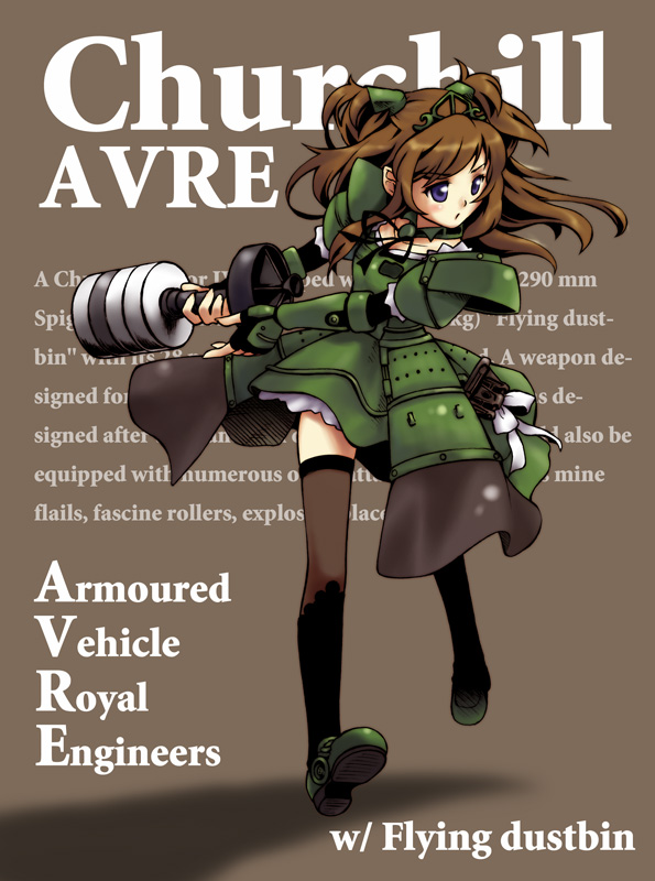 acea4, original, vehicle, 1girl, ammunition, armor, armored dress, blue eyes, brown hair, dress, english text, female focus, mecha musume, military, military vehicle, mortar (weapon), motor vehicle, shell (projectile), solo, tank, thighhighs, world war ii